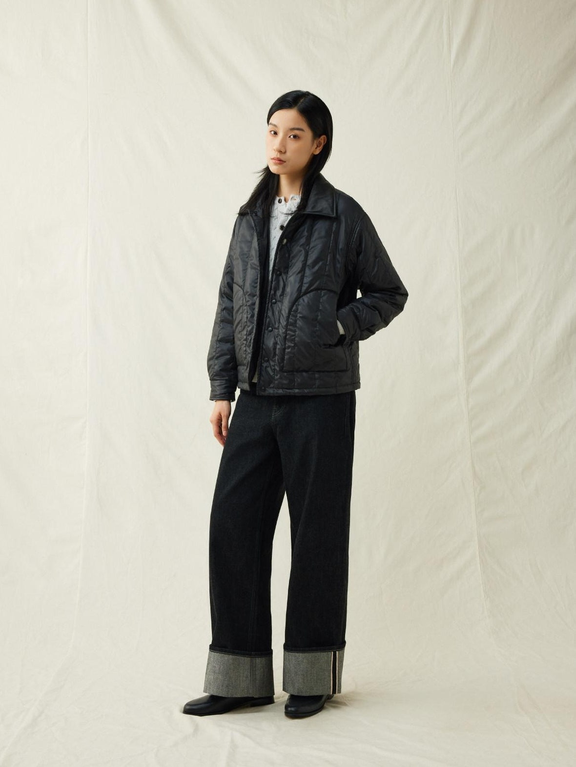 SUPERTOFU Warm Thick Sheepskin Standard Fit Lapel Collar Unisex Daily Black Puffer Jackets