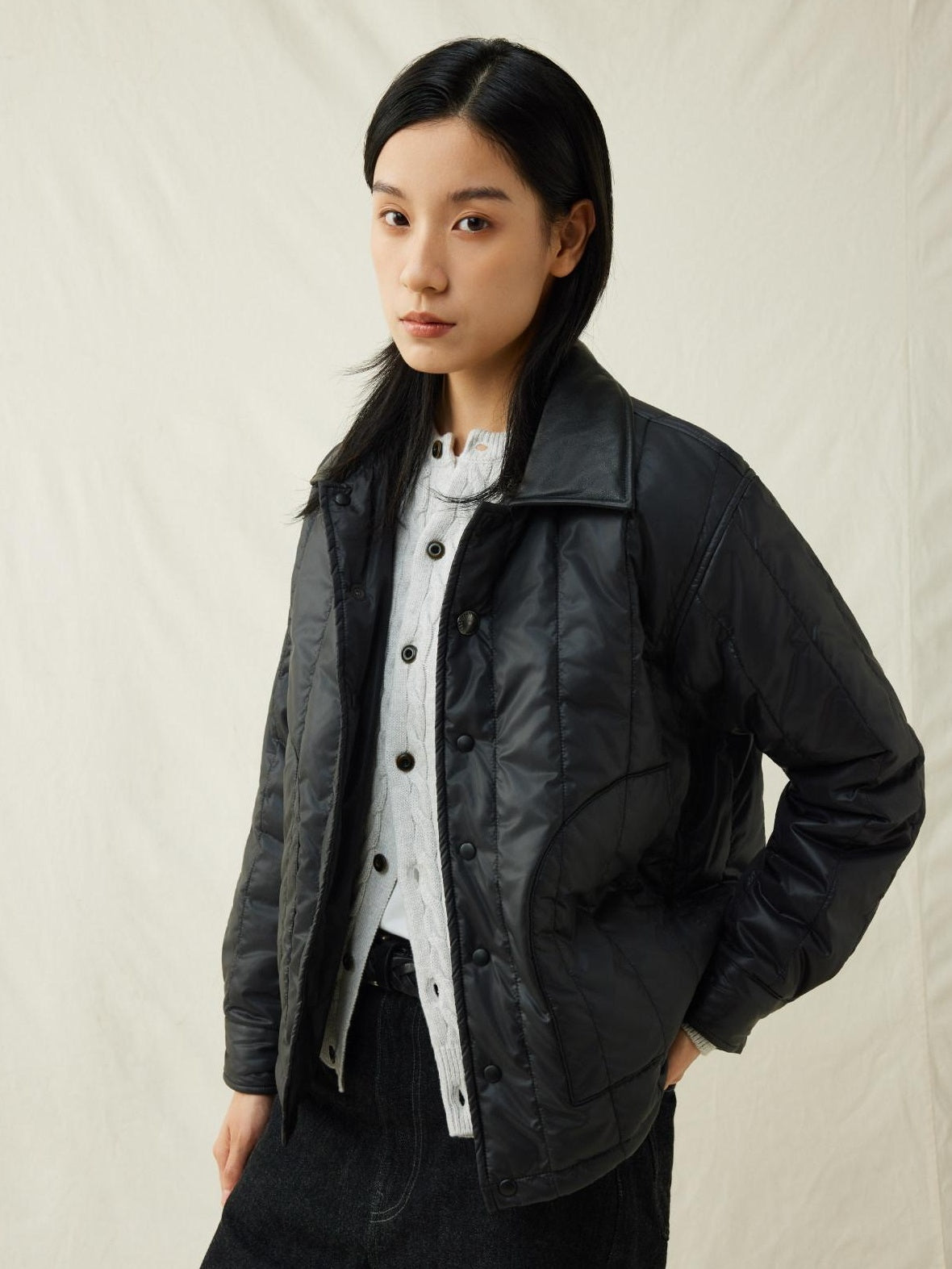 SUPERTOFU Warm Thick Sheepskin Standard Fit Lapel Collar Unisex Daily Black Puffer Jackets