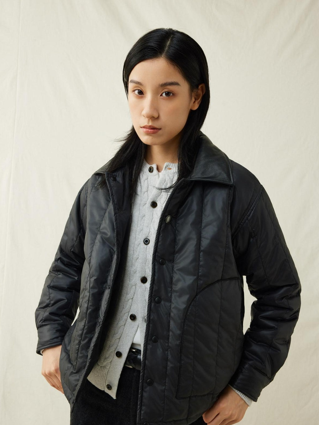 SUPERTOFU Warm Thick Sheepskin Standard Fit Lapel Collar Unisex Daily Black Puffer Jackets
