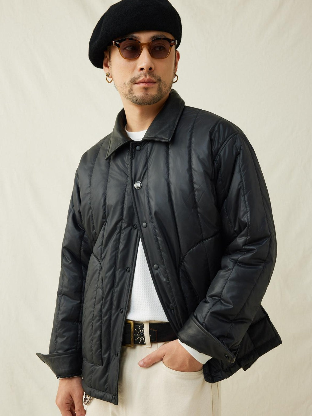 SUPERTOFU Warm Thick Sheepskin Standard Fit Lapel Collar Unisex Daily Black Puffer Jackets