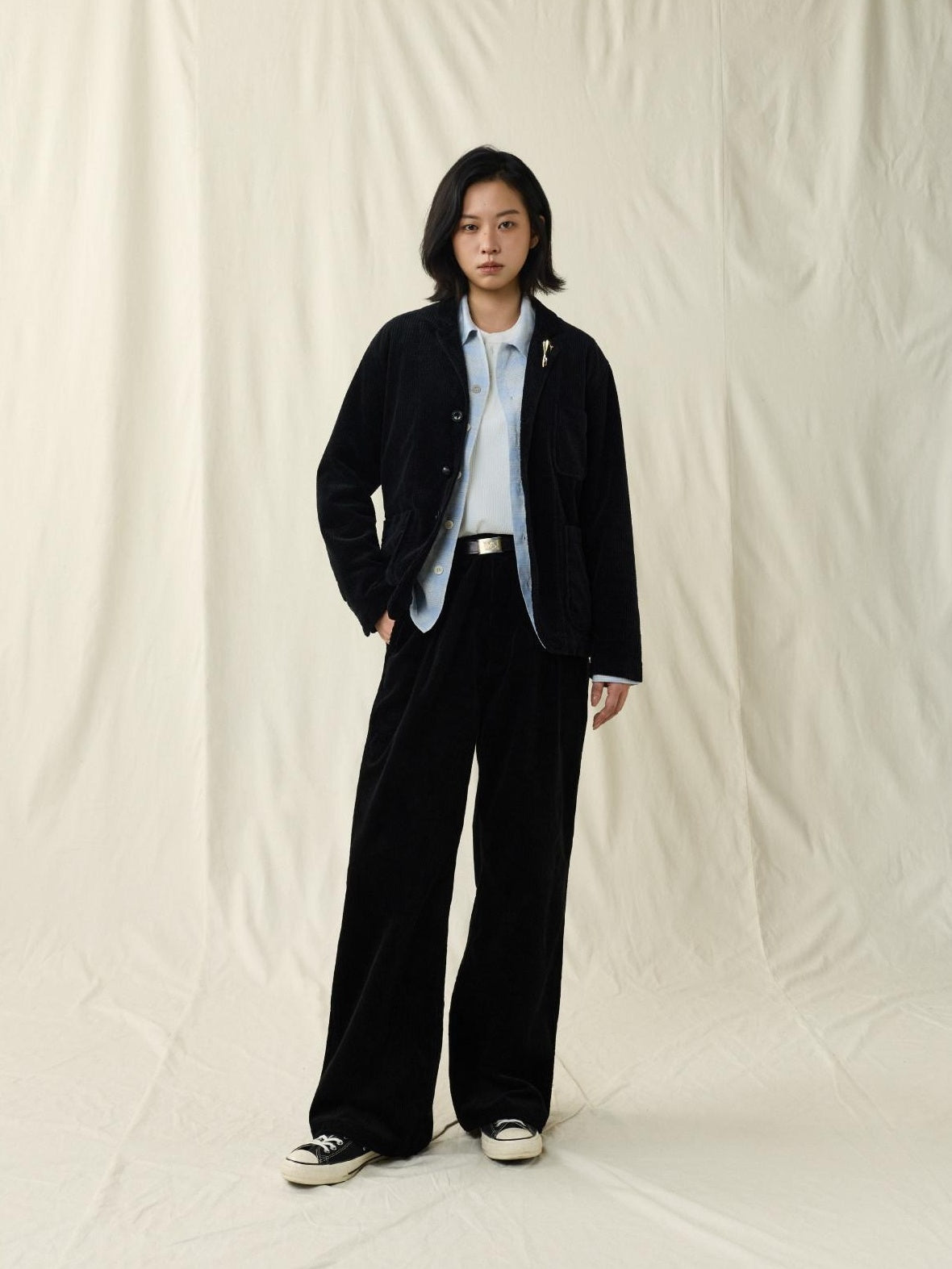 SUPERTOFU Warm Washed Cotton Button Front Blazer Collar Unisex Black Thick Casual Jackets