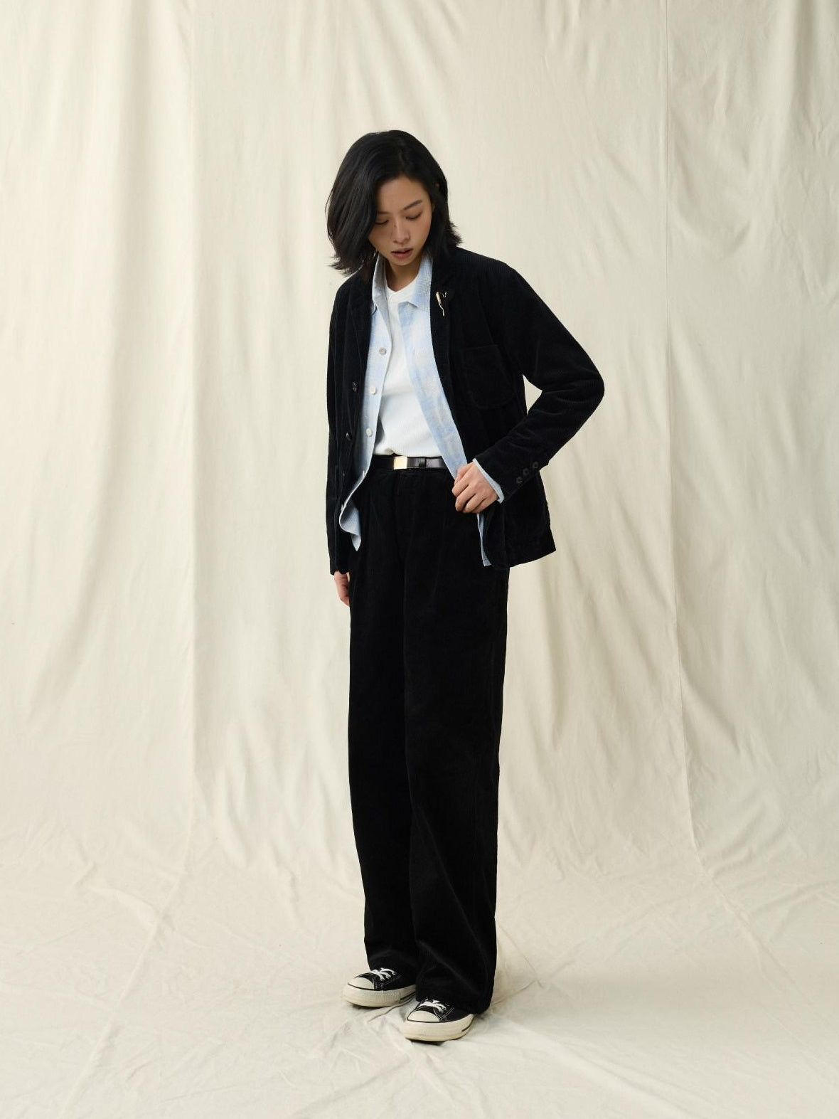 SUPERTOFU Warm Washed Cotton Button Front Blazer Collar Unisex Black Thick Casual Jackets