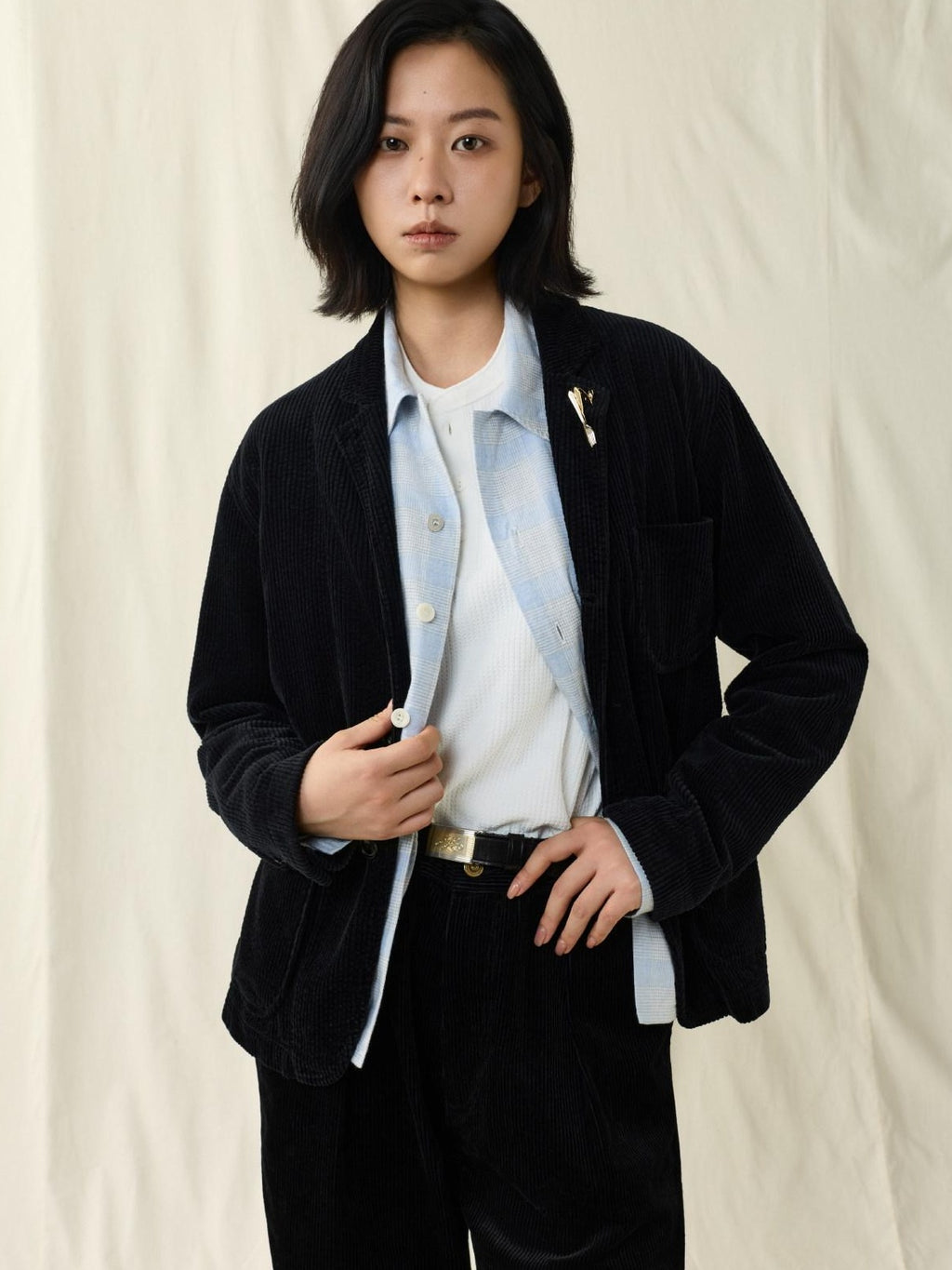 SUPERTOFU Warm Washed Cotton Button Front Blazer Collar Unisex Black Thick Casual Jackets