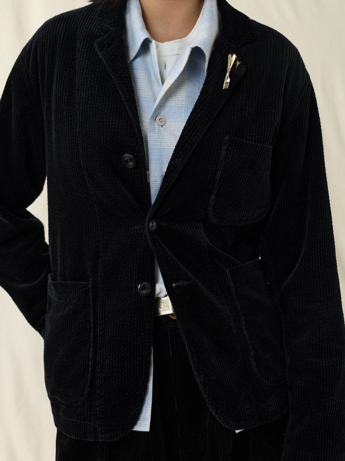 SUPERTOFU Warm Washed Cotton Button Front Blazer Collar Unisex Black Thick Casual Jackets
