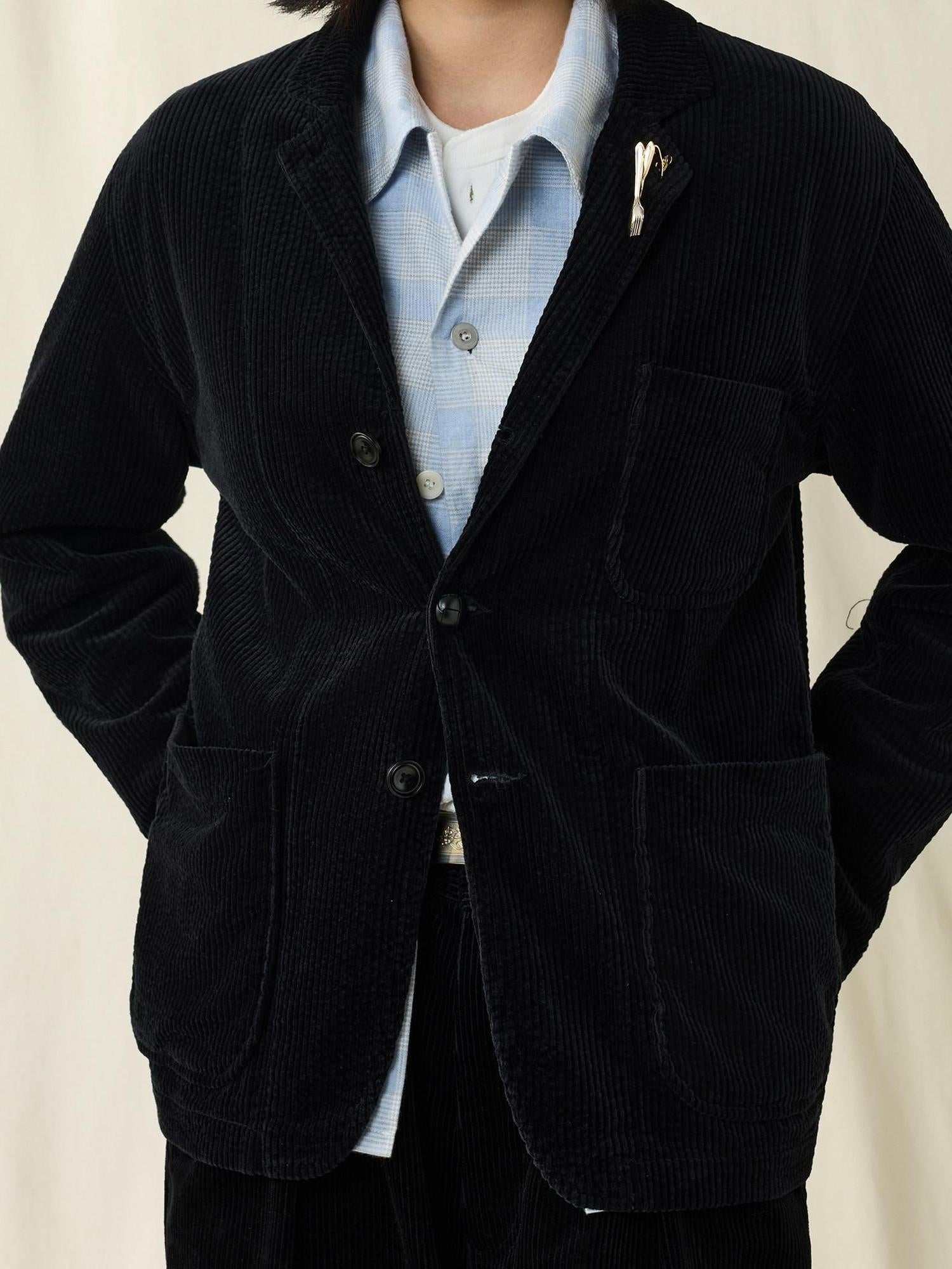 SUPERTOFU Warm Washed Cotton Button Front Blazer Collar Unisex Black Thick Casual Jackets