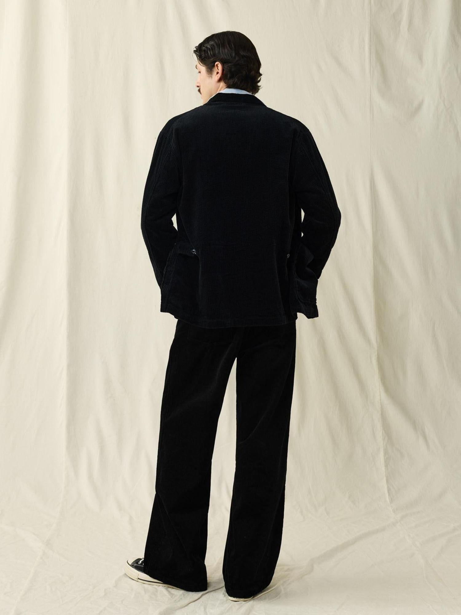 SUPERTOFU Warm Washed Cotton Button Front Blazer Collar Unisex Black Thick Casual Jackets