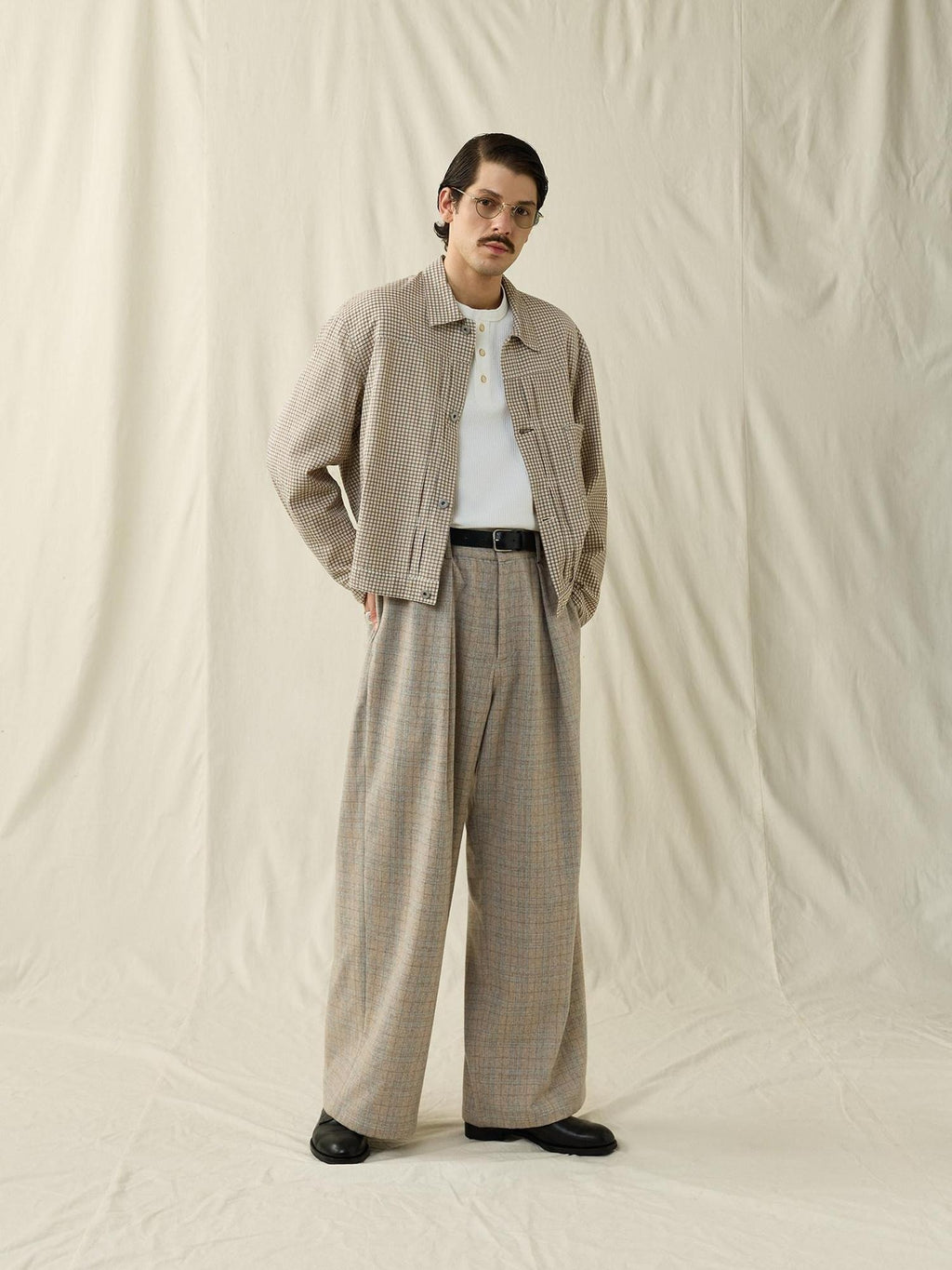 SUPERTOFU Warm Wool Blend Casual Relaxed Unisex Plaid Brown Khaki Wide-Leg Pants