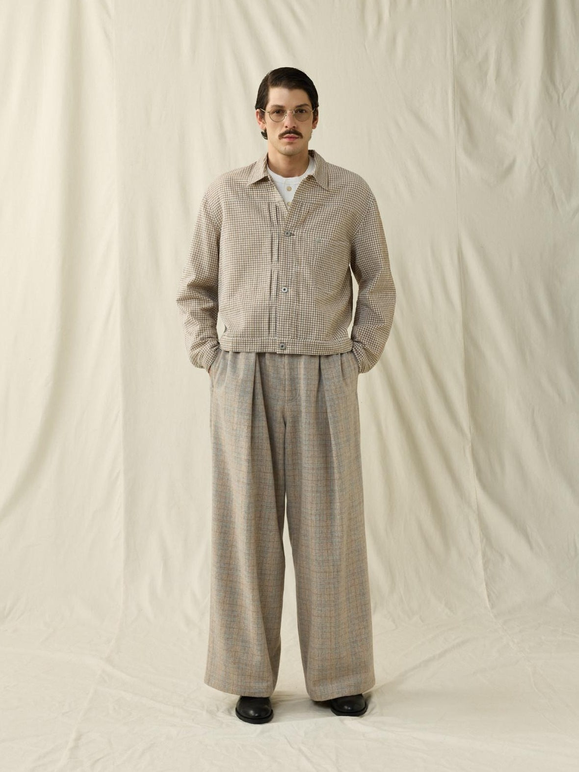 SUPERTOFU Warm Wool Blend Casual Relaxed Unisex Plaid Brown Khaki Wide-Leg Pants