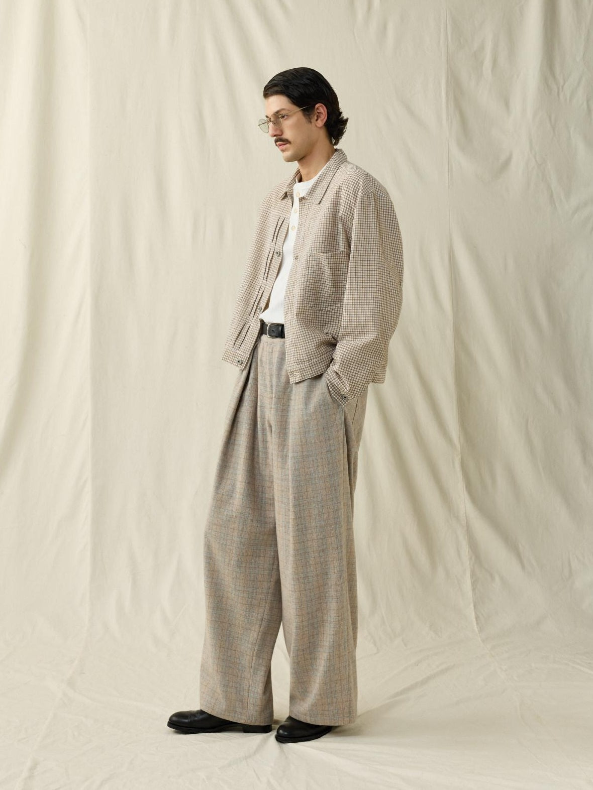 SUPERTOFU Warm Wool Blend Casual Relaxed Unisex Plaid Brown Khaki Wide-Leg Pants