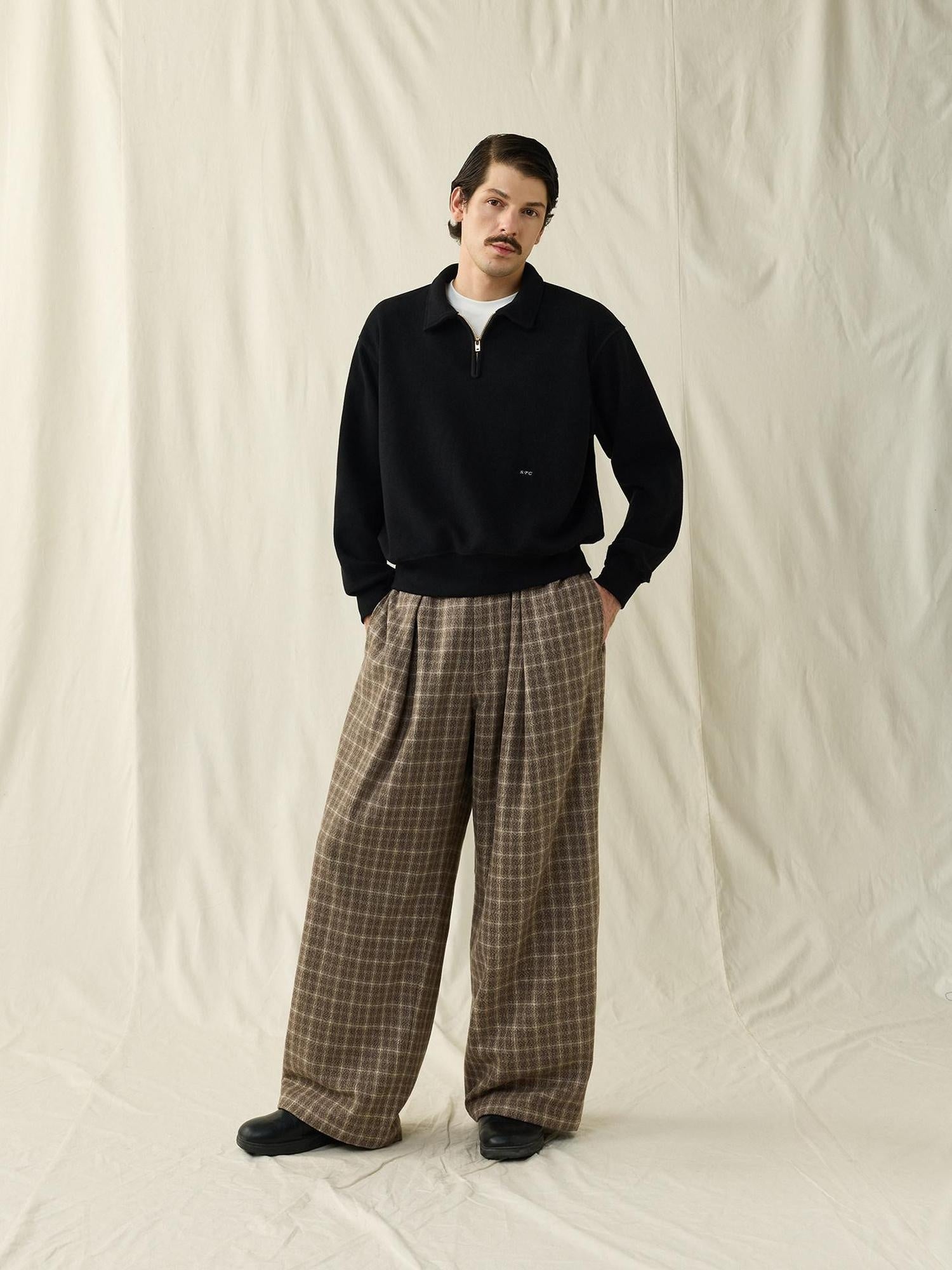 SUPERTOFU Warm Wool Blend Casual Relaxed Unisex Plaid Brown Khaki Wide-Leg Pants