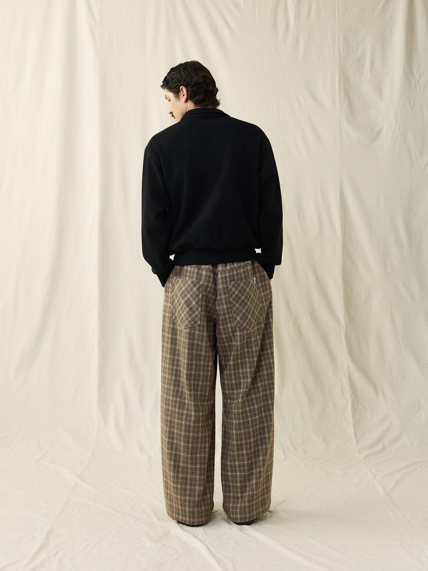 SUPERTOFU Warm Wool Blend Casual Relaxed Unisex Plaid Brown Khaki Wide-Leg Pants