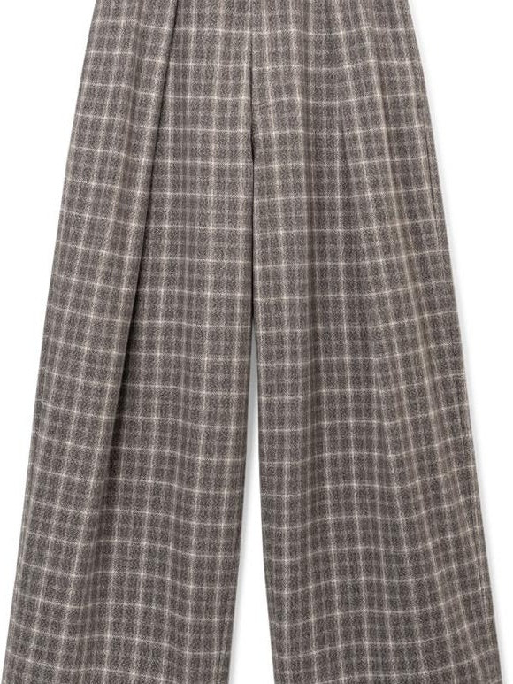 SUPERTOFU Warm Wool Blend Casual Relaxed Unisex Plaid Brown Khaki Wide-Leg Pants