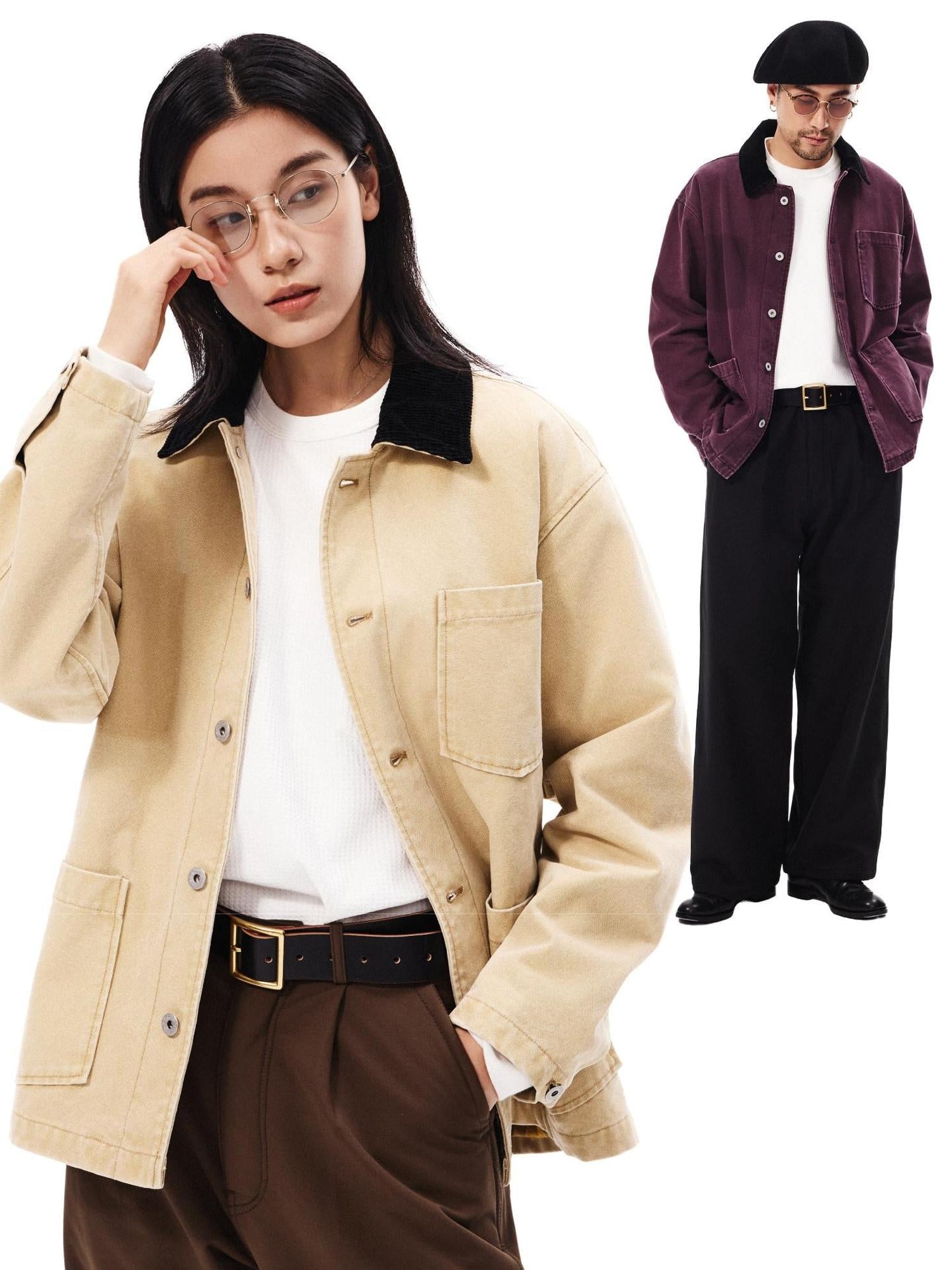 SUPERTOFU Washed 100 Percent Cotton Longline Oversized Point Collar Unisex Utility Jackets