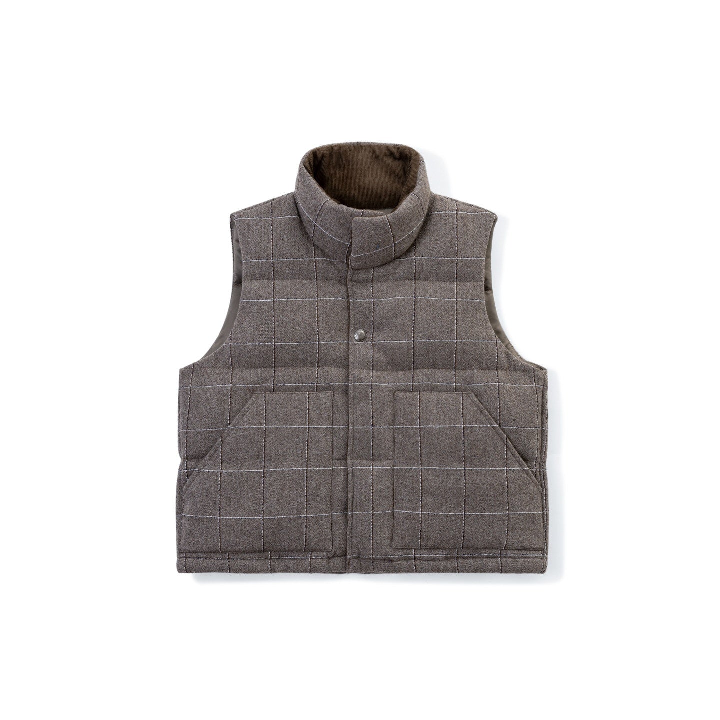 SUPERTOFU_White_Duck_Down_Filled_Lambswool_Blend_Loose_Fit_Plaid_Stand_Collar_Zip_Vests_MISSTT