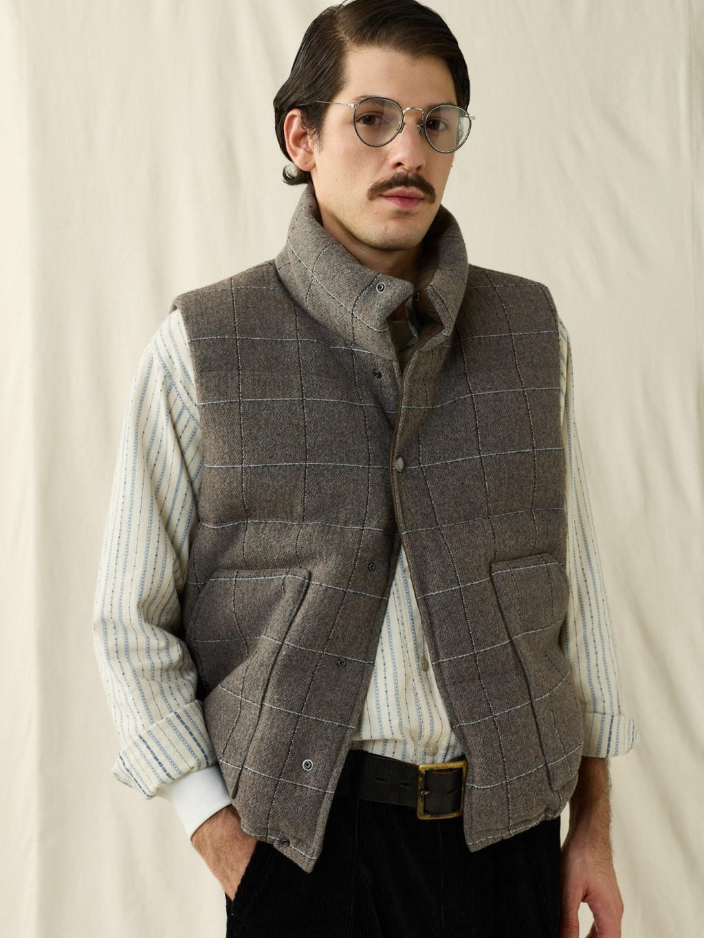 SUPERTOFU White Duck Down Filled Lambswool Blend Loose Fit Plaid Stand Collar Zip Vests