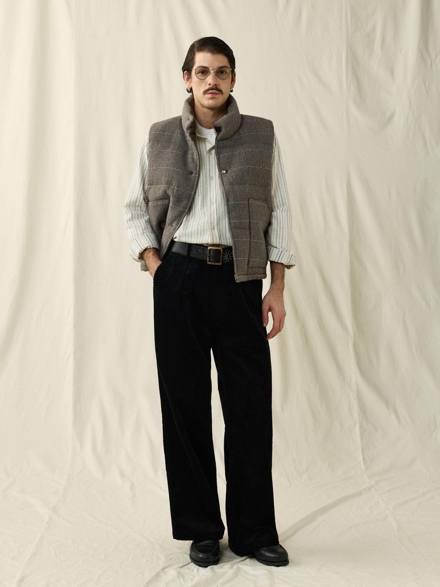 SUPERTOFU White Duck Down Filled Lambswool Blend Loose Fit Plaid Stand Collar Zip Vests