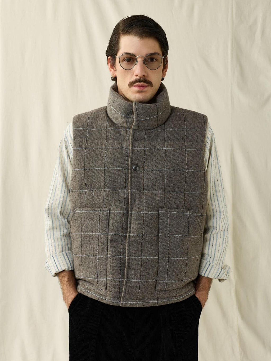 SUPERTOFU White Duck Down Filled Lambswool Blend Loose Fit Plaid Stand Collar Zip Vests