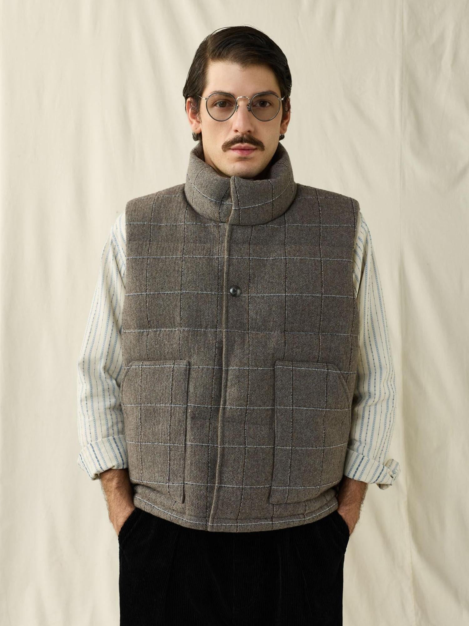 SUPERTOFU White Duck Down Filled Lambswool Blend Loose Fit Plaid Stand Collar Zip Vests