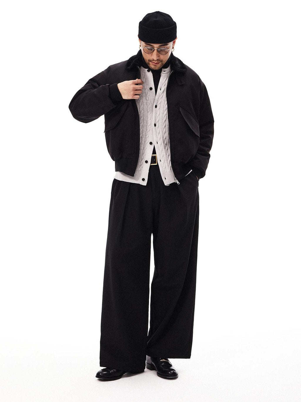SUPERTOFU Windproof Stretch Casual Relaxed Zip Fly Unisex Polyester Black Wide-Leg Pants