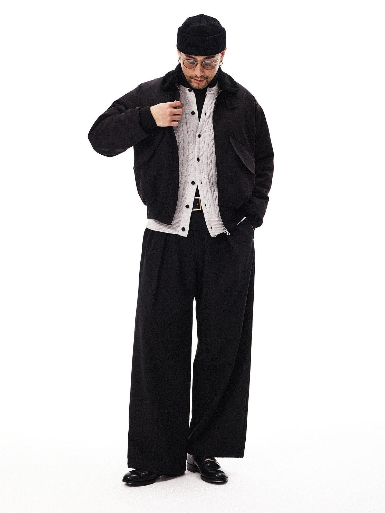 SUPERTOFU Windproof Stretch Casual Relaxed Zip Fly Unisex Polyester Black Wide-Leg Pants