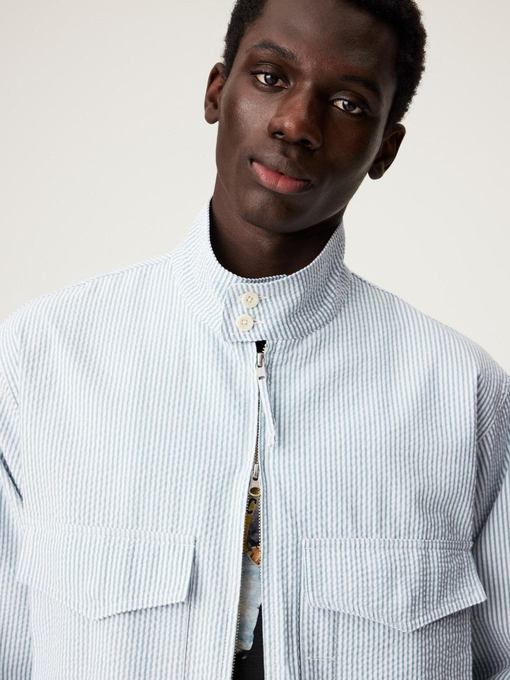 SUPERTOFU Wrinkle Free Striped Cropped Stand Collar Zip Long Sleeve Unisex Shirts