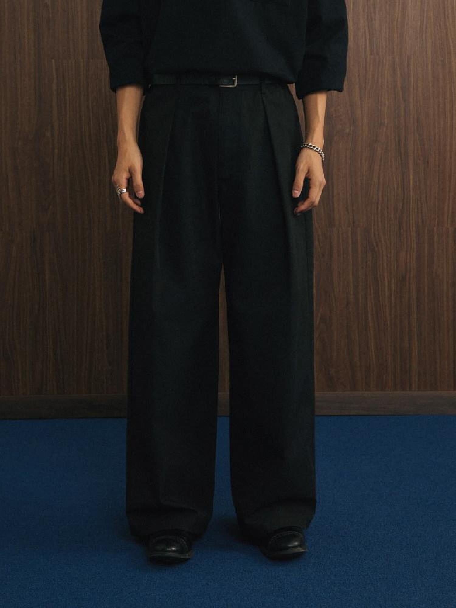 SUPERTOFU Wrinkle Resistant Relaxed Wide Leg Everyday Casual Khaki Black Chinos