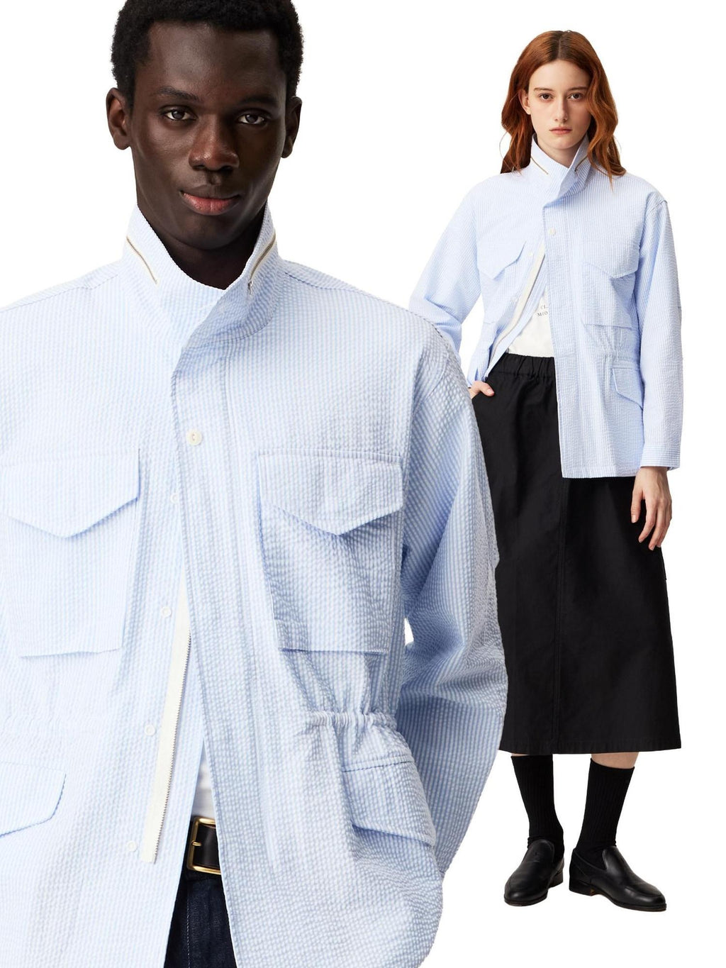 SUPERTOFU Wrinkle Resistant Slim Bubble Gauze Stand Collar Unisex Blue Stripe Shirts