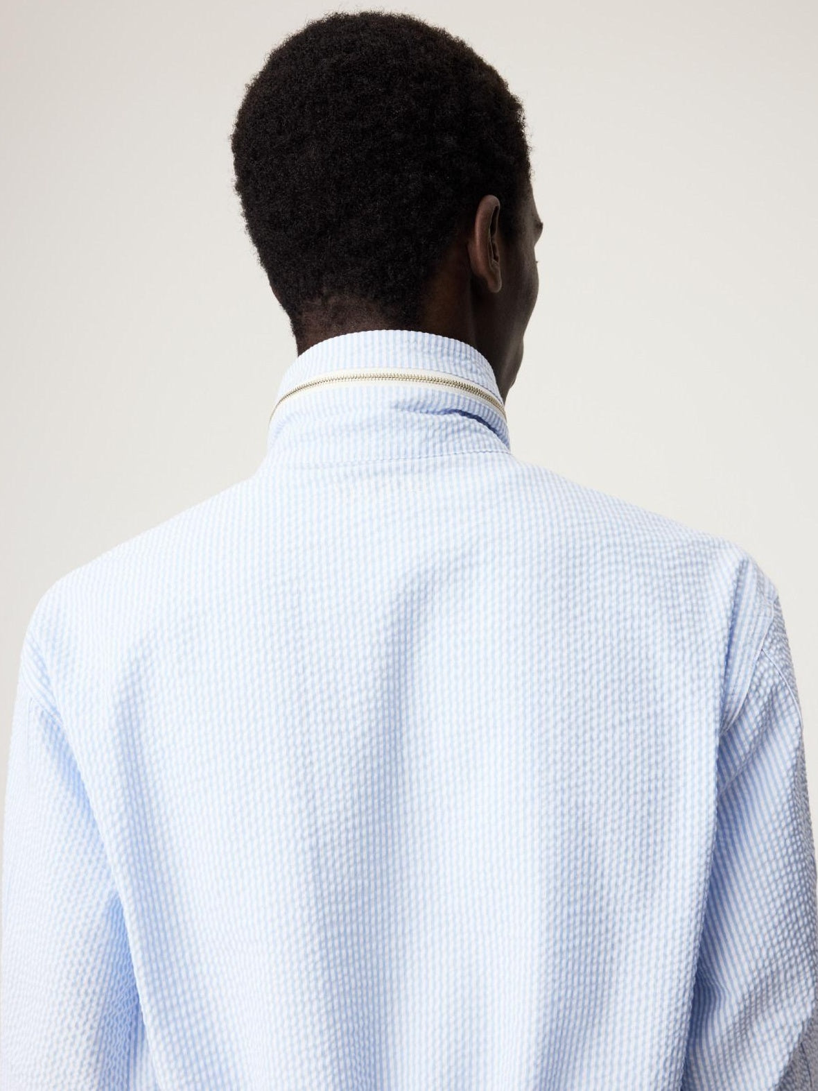 SUPERTOFU Wrinkle Resistant Slim Bubble Gauze Stand Collar Unisex Blue Stripe Shirts