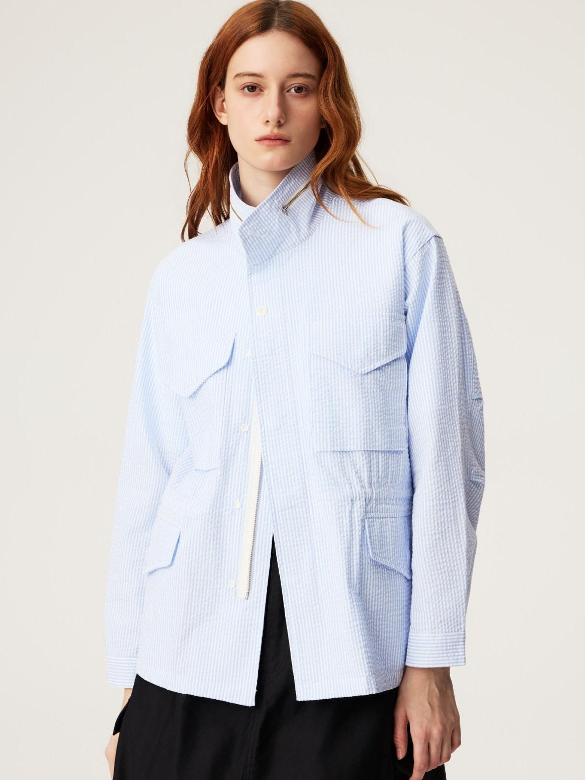 SUPERTOFU Wrinkle Resistant Slim Bubble Gauze Stand Collar Unisex Blue Stripe Shirts