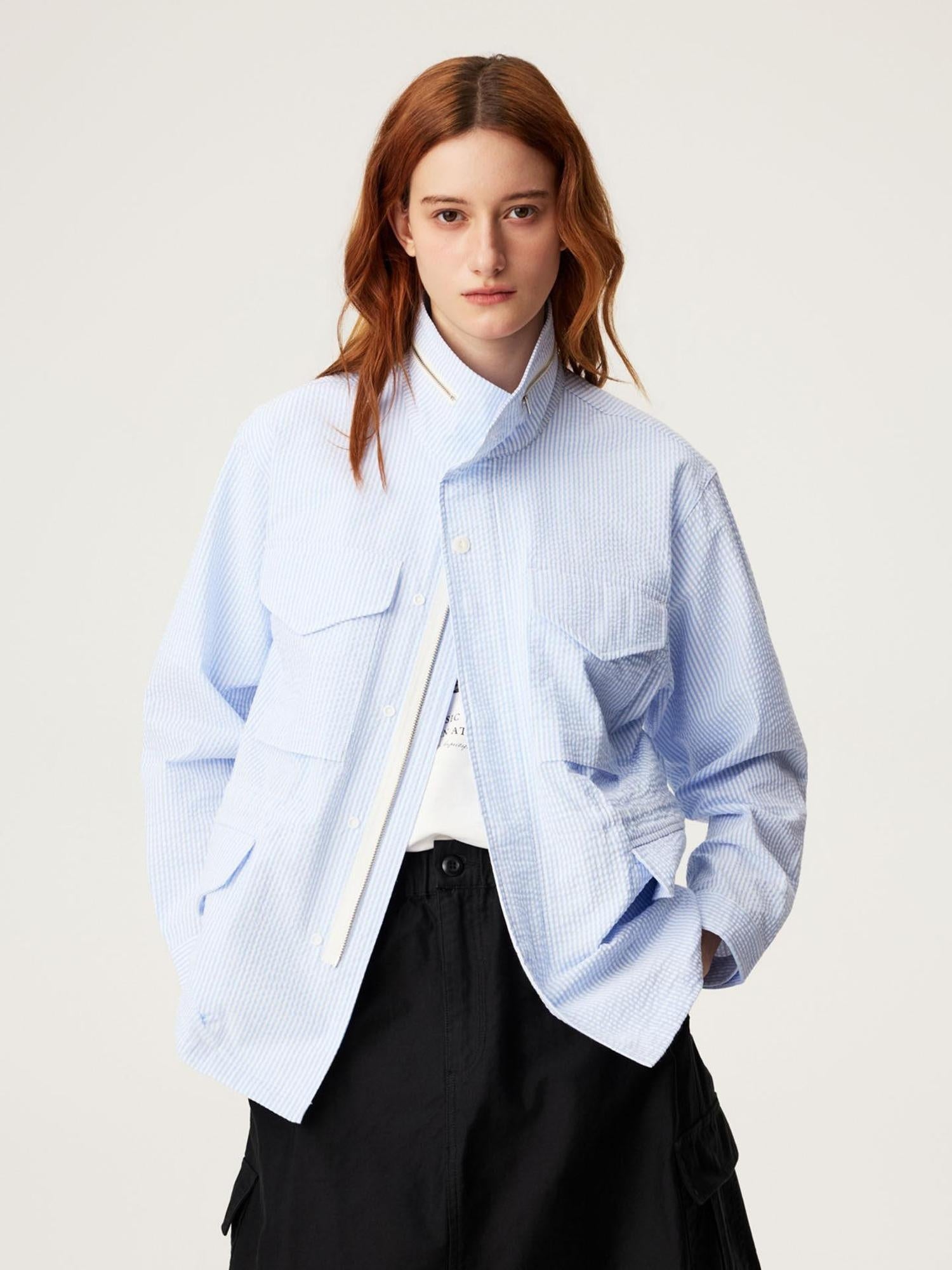 SUPERTOFU Wrinkle Resistant Slim Bubble Gauze Stand Collar Unisex Blue Stripe Shirts