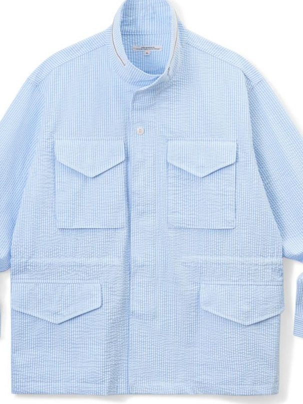SUPERTOFU Wrinkle Resistant Slim Bubble Gauze Stand Collar Unisex Blue Stripe Shirts