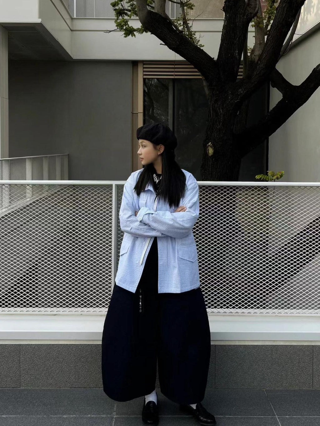 SUPERTOFU Wrinkle Resistant Slim Bubble Gauze Stand Collar Unisex Blue Stripe Shirts