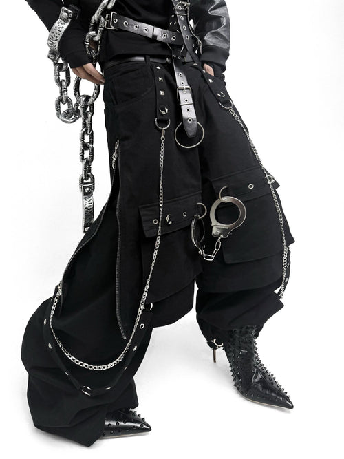 TH4SWE Breathable Cotton Punk Cargo Zipper Metal Detail Men Street Black Wide-Leg Pants