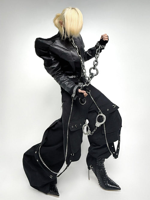 TH4SWE Breathable Cotton Punk Cargo Zipper Metal Detail Men Street Black Wide-Leg Pants