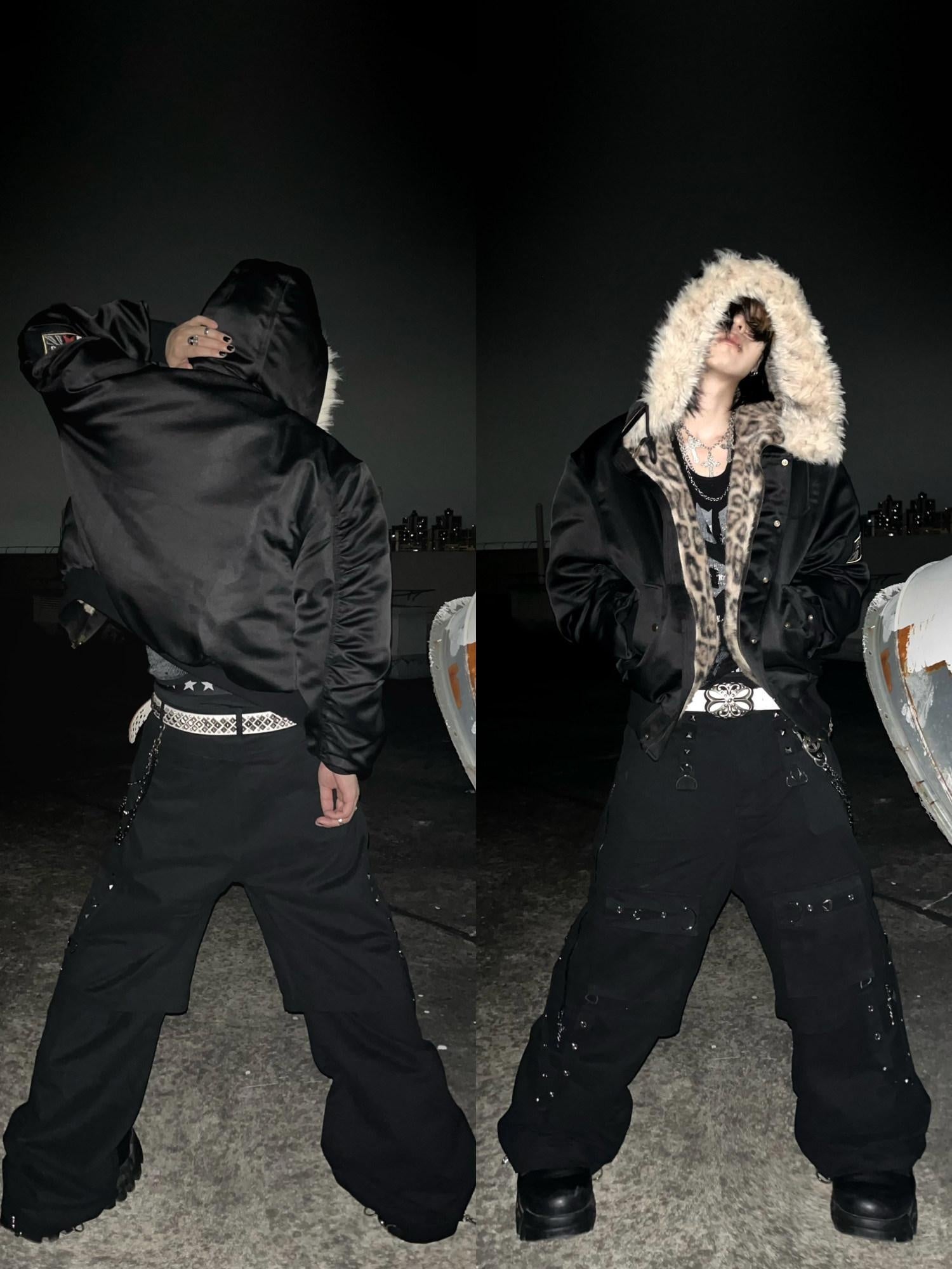 TH4SWE Breathable Cotton Punk Cargo Zipper Metal Detail Men Street Black Wide-Leg Pants