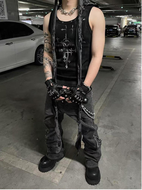 TH4SWE Breathable Cotton Slim Fit Cross Print Dark Urban Round Neck Men Tank Tops