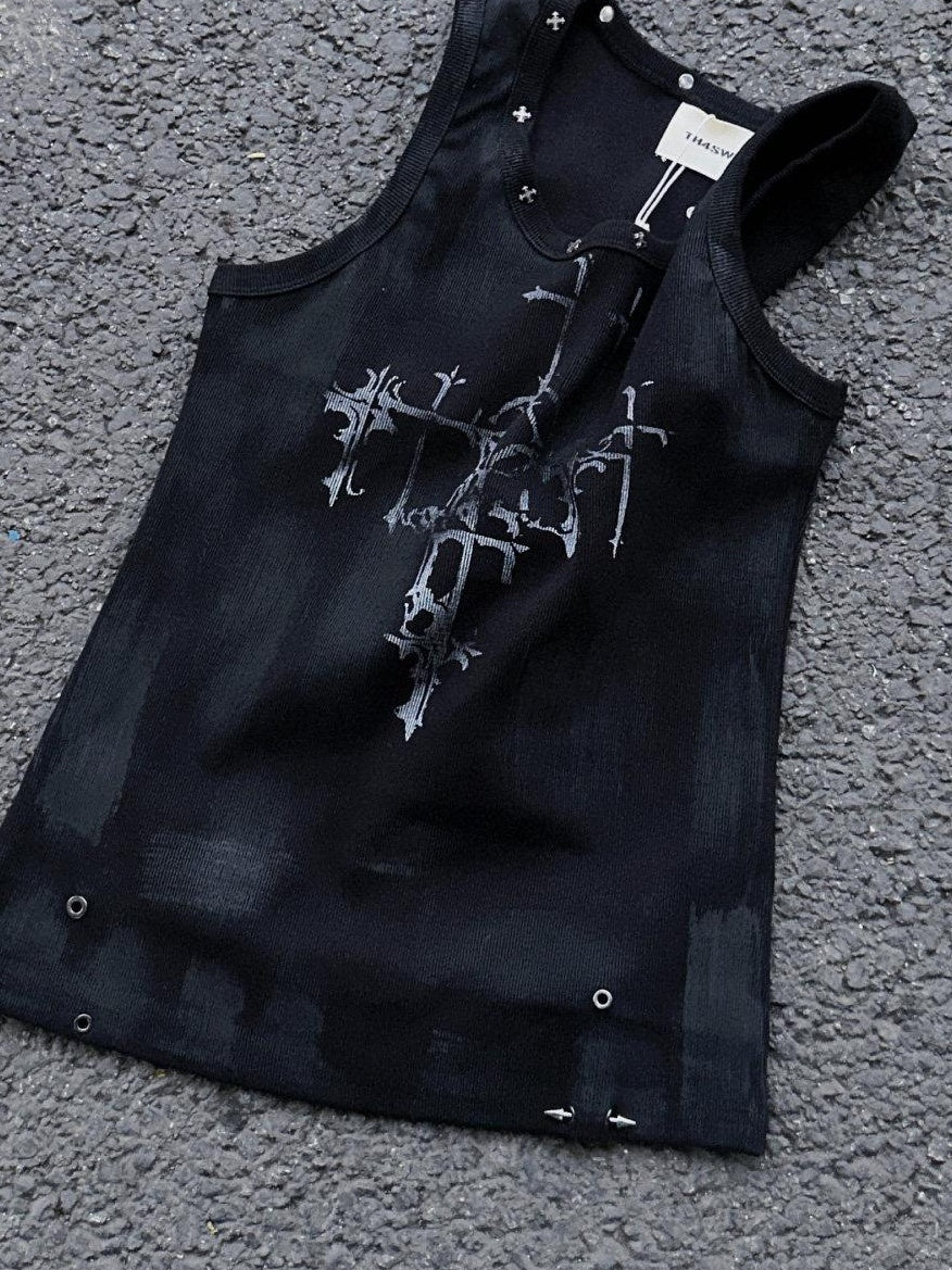 TH4SWE Breathable Cotton Slim Fit Cross Print Dark Urban Round Neck Men Tank Tops