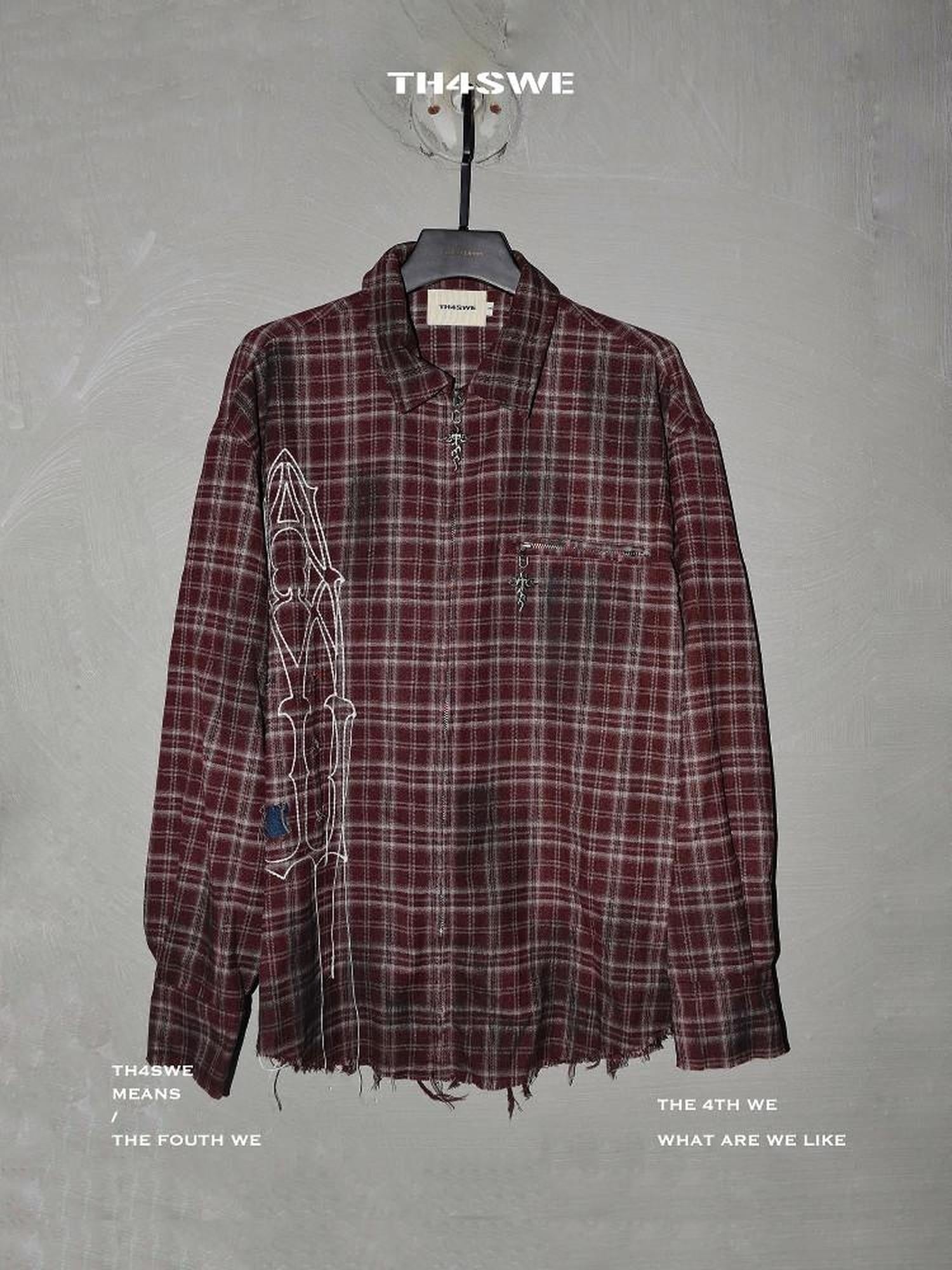 TH4SWE Breathable Loose Distressed Embroidered Plaid Men Long Sleeve Viscose Shirts