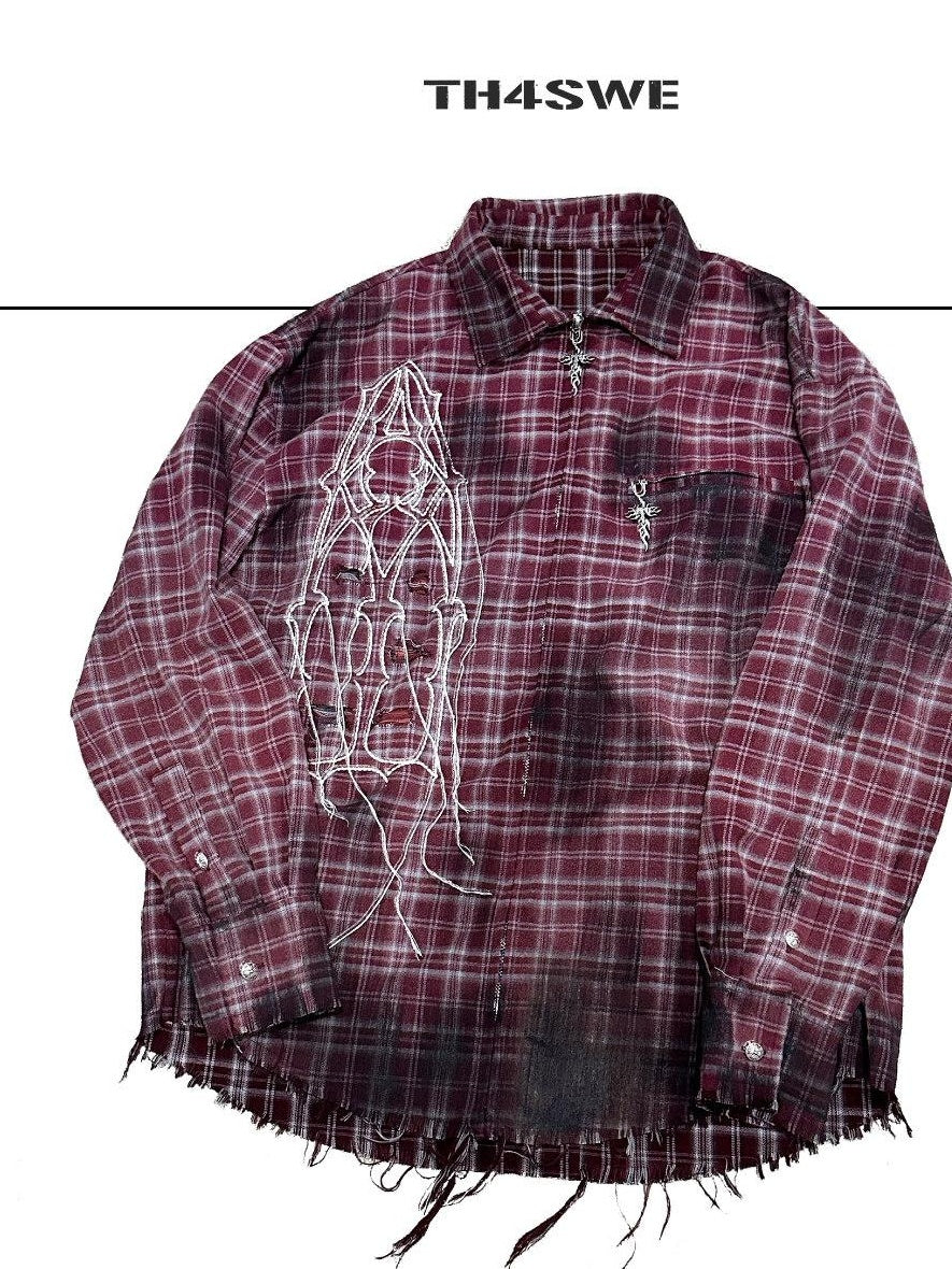 TH4SWE Breathable Loose Distressed Embroidered Plaid Men Long Sleeve Viscose Shirts