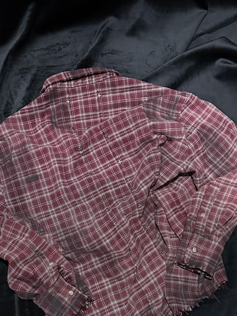 TH4SWE Breathable Loose Distressed Embroidered Plaid Men Long Sleeve Viscose Shirts