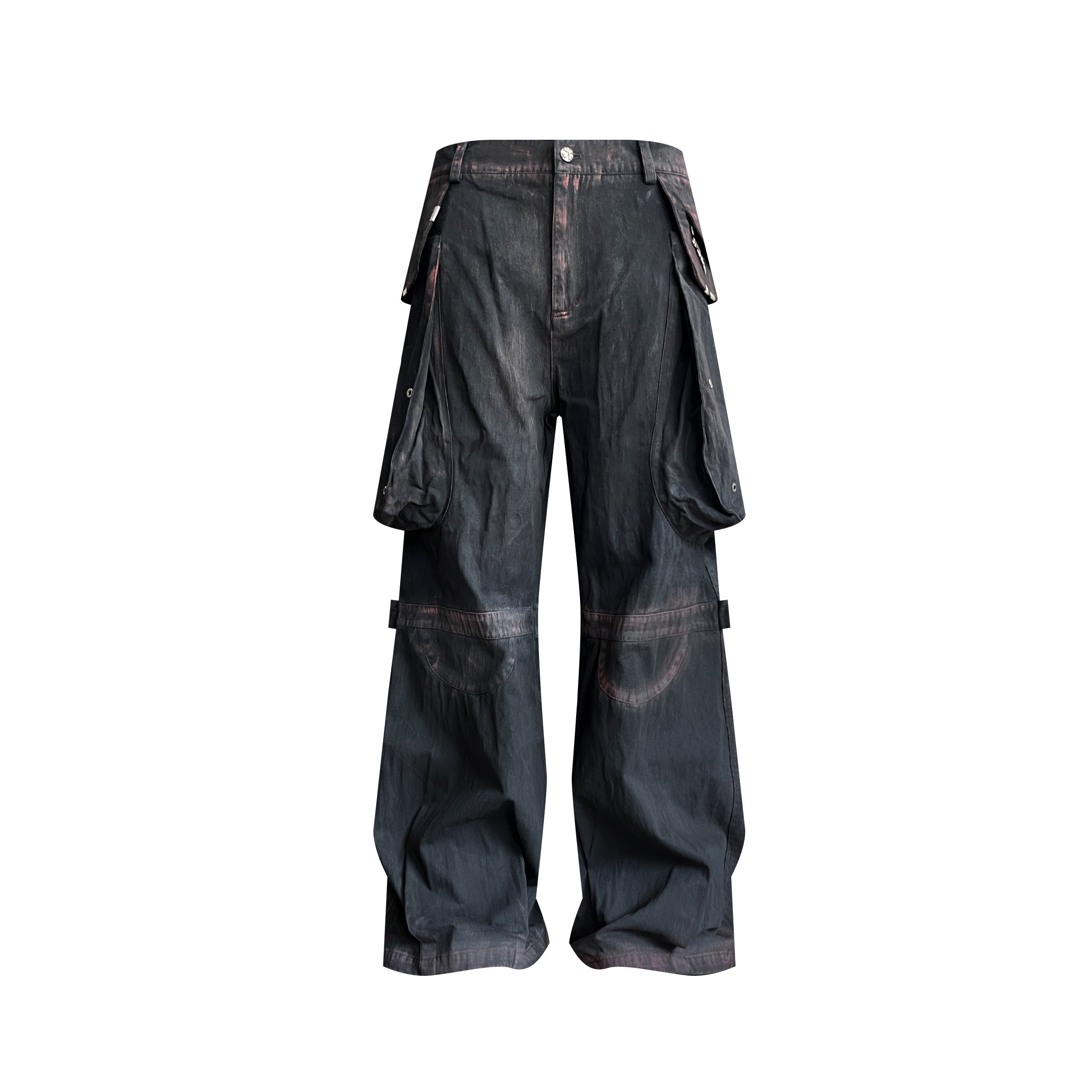 TH4SWE Coated Cotton Mid Rise Pockets Relaxed Flare Dark Casual Black Wide-Leg Pants