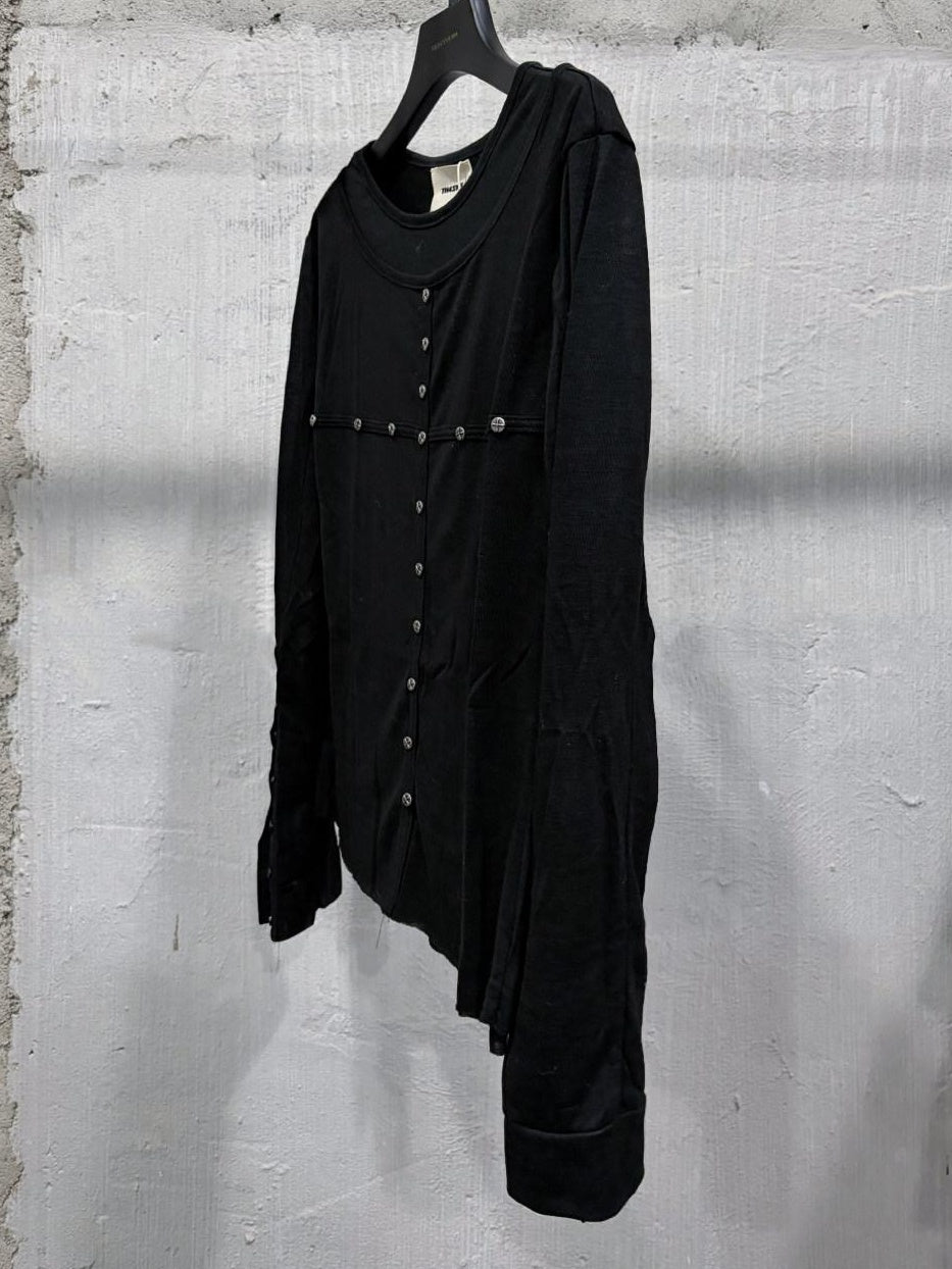 TH4SWE Cooling Lyocell Slim Waist Faux Layer Stud Unisex Black Long Sleeve T-Shirts