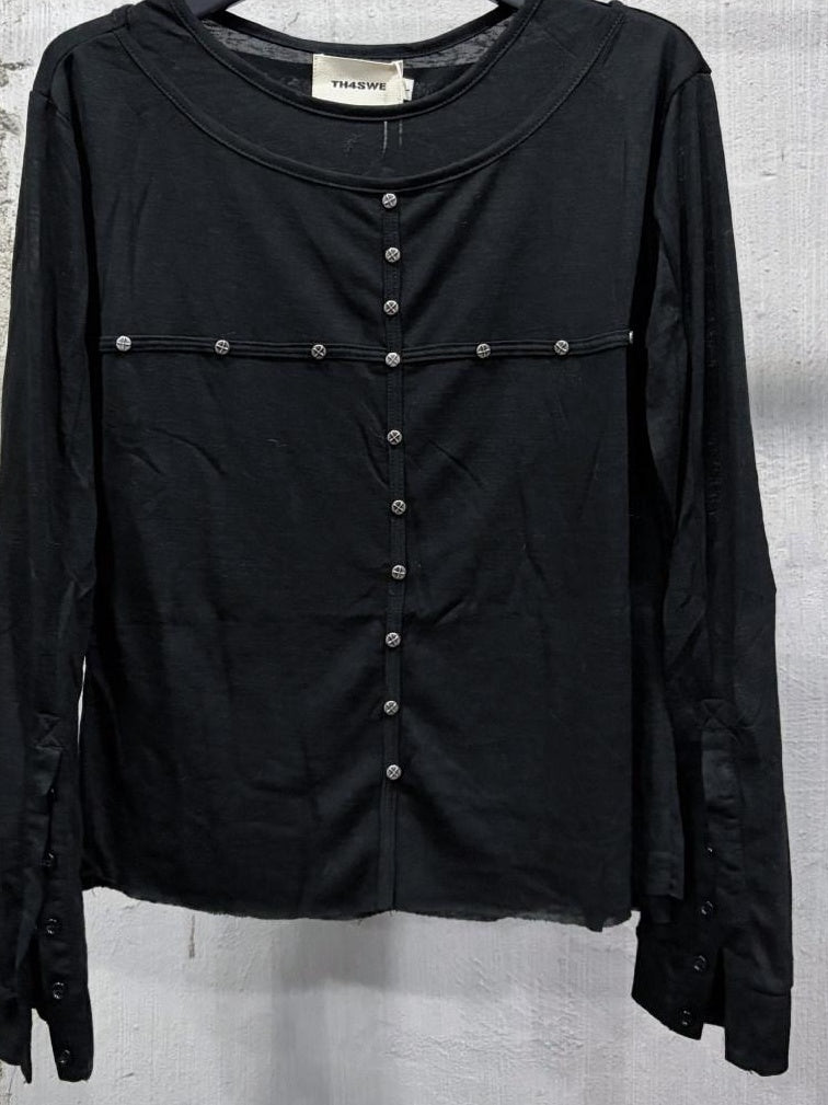 TH4SWE Cooling Lyocell Slim Waist Faux Layer Stud Unisex Black Long Sleeve T-Shirts