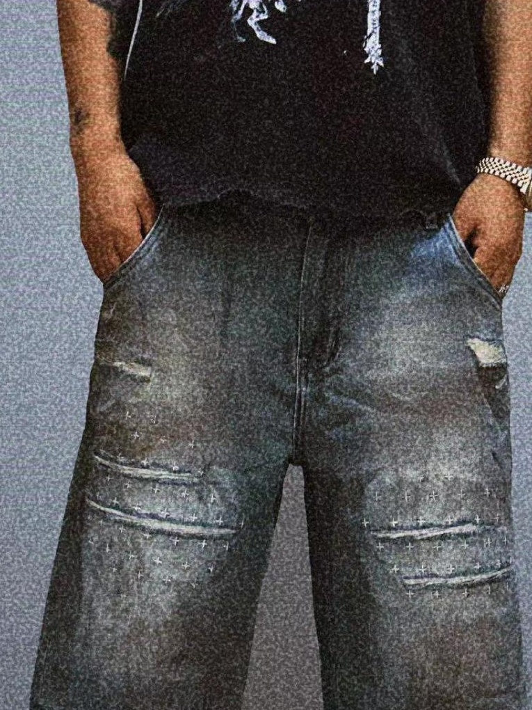 TH4SWE Distressed Denim Straight Leg Mid Low Rise Knee Length Youth Navy Short Trousers