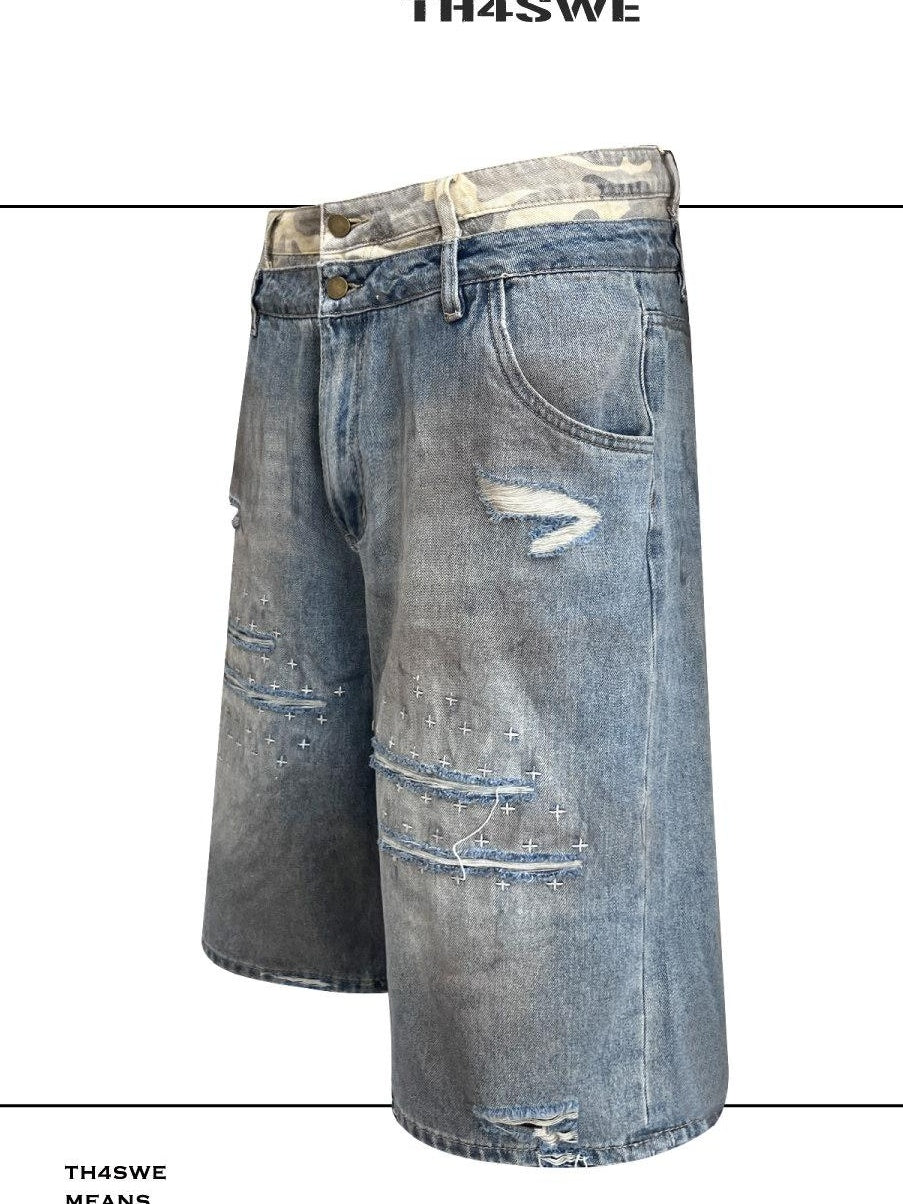 TH4SWE Distressed Denim Straight Leg Mid Low Rise Knee Length Youth Navy Short Trousers