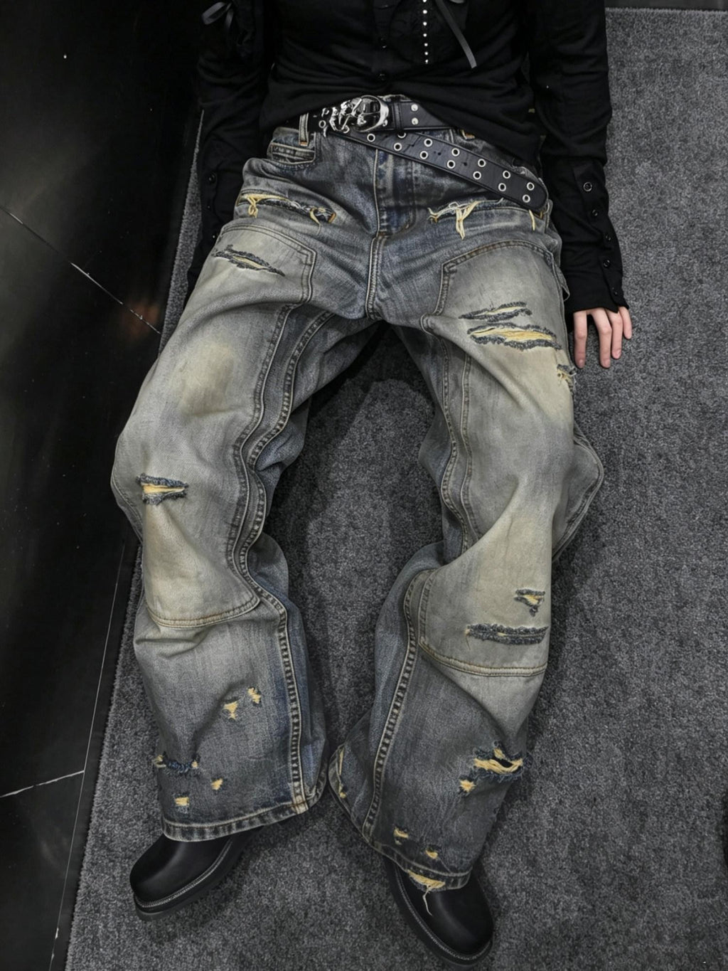 TH4SWE Distressed Mid Rise Deep Blue Cotton Button Fly Unisex Denim Straight Jeans