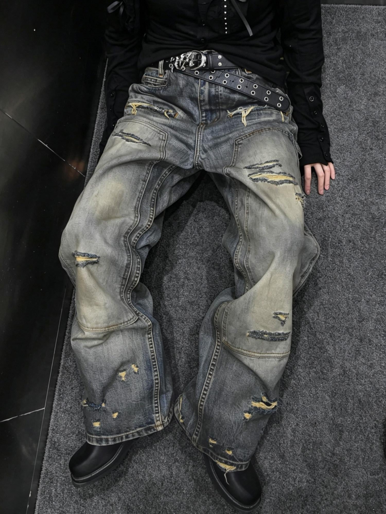 TH4SWE Distressed Mid Rise Deep Blue Cotton Button Fly Unisex Denim Straight Jeans