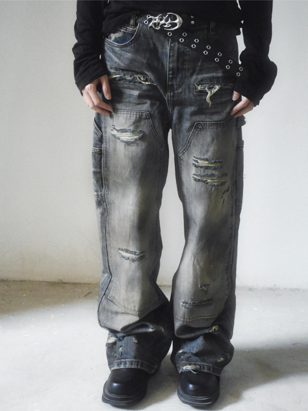 TH4SWE Distressed Mid Rise Deep Blue Cotton Button Fly Unisex Denim Straight Jeans