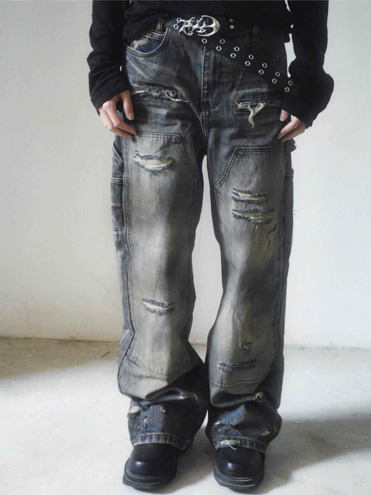 TH4SWE Distressed Mid Rise Deep Blue Cotton Button Fly Unisex Denim Straight Jeans
