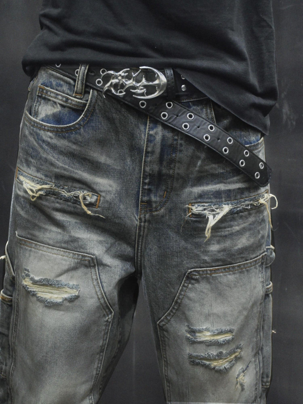 TH4SWE Distressed Mid Rise Deep Blue Cotton Button Fly Unisex Denim Straight Jeans